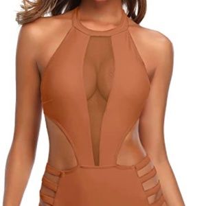 One Piece Sexy Mesh Swimsuit High Neck Halter Cutout Monokini Swimwear